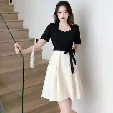 哒头下雨不愁 梨形身材茶歇法式气质名媛中长款短袖连衣裙 女款