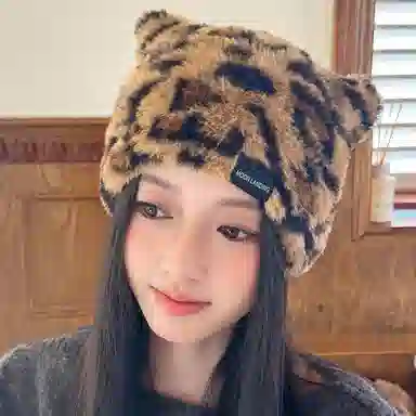 【y2k甜酷辣妹~秋冬】 攸委 复古豹纹可爱猫耳朵毛绒针织帽子女冬季保暖防寒护耳加绒 涤纶 时尚潮流百搭包头冷帽绒线帽 男女同款情侣款
