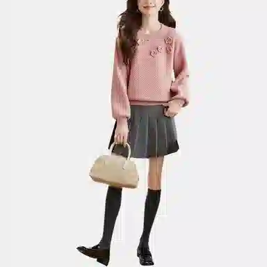 曲韩 纯色百搭简约花朵毛衣 女款