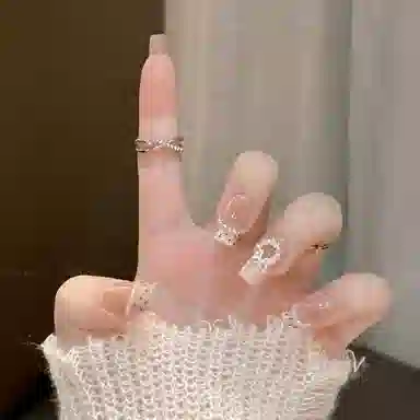 柚予颜 手工穿戴甲小香风高级感珍珠蝴蝶结辣妹甜美美甲  中长款裸色晕染 纯欲