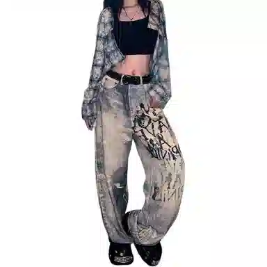 识恩 适中时尚宽松阔腿高腰牛仔裤 女款