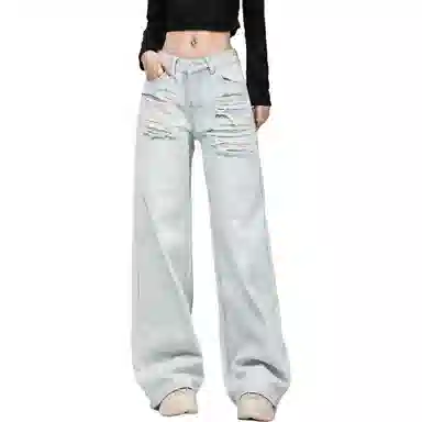 莫代尔 小个子低腰水洗磨破美式复古做旧直筒拖地牛仔裤 女款 浅蓝色