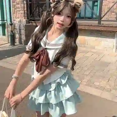 御茶家 小巧莓原创学院风水手服初恋感海军领短款收腰显瘦截短上衣蓬蓬蛋糕裙半身裙裙装套装 女款