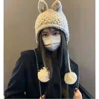 【通勤百搭~可爱小兔】 攸委 复古呆萌手工兔耳朵毛线针织帽子秋冬保暖护耳加绒显脸小 涤纶 户外休闲时尚包头帽绒线帽雷锋帽 女款