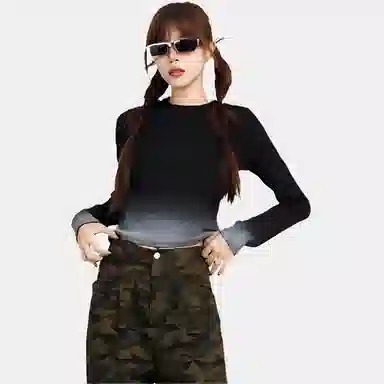 柏黛妃 渐变内搭修身短款圆领长袖针织衫 女 黑色