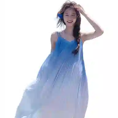 缪斯的诱惑 夏季法式海边度假风渐变时尚海浪裙潮无袖吊带连衣裙 女款 蓝色