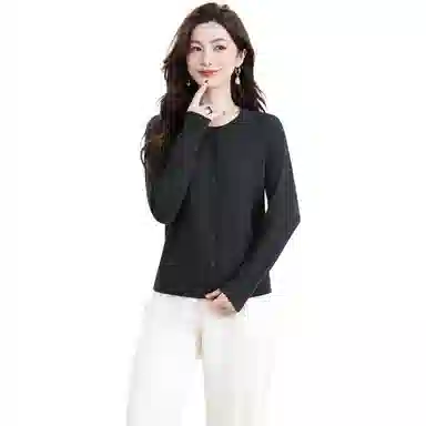 恒源祥 圆领开衫纯色薄款长袖针织衫 女款