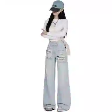 莫代尔 小个子低腰水洗磨破美式复古做旧直筒拖地牛仔裤 女款 浅蓝色