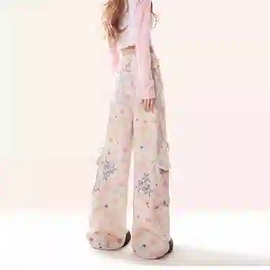 桴生 早春美式星星印花春夏多巴胺宽松阔腿长裤休闲裤 女款 粉色