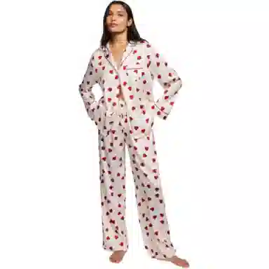 Victoria's Secret Satin Long Pajama Set Pink Heart Print