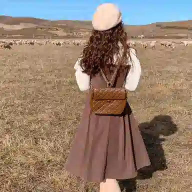 小镇姗姗 翻领拼接单排扣套头长袖连衣裙