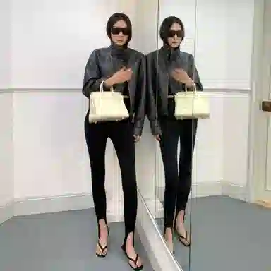 周淼 高腰修身纯色简约休闲裤 女款 黑色