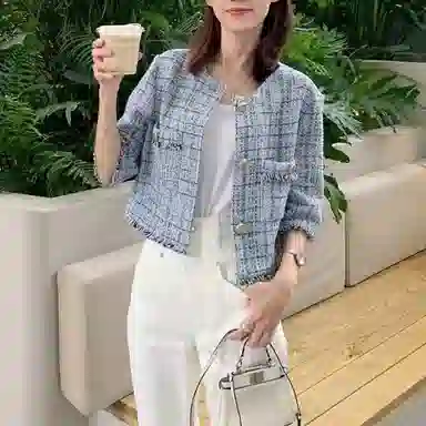 Maje FW23 Plaid Tweed Jacket Light Blue