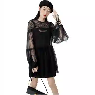 美洋 蕾丝网纱长袖连衣裙 黑色