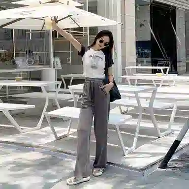 美洋 纯色高腰系带直筒长裤 女款 灰色