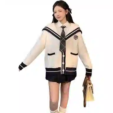 桴生 海军领开衫毛衣外套女秋冬宽松休闲慵懒风撞色外穿针织衫 女款