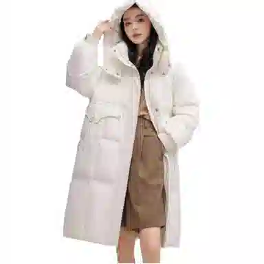 鸭鸭 纯色连帽口袋中长款休闲长袖羽绒服 女款