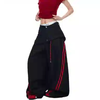 悍戈 美式复古百搭条纹撞色拼接弯刀设计感宽松休闲阔腿牛仔裤 男女同款