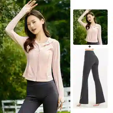 欧迪芬 修身连帽春夏冰丝防晒服凉感短款显瘦外套微喇叭裤两件套速干时尚运动风轻盈舒适感防晒衣透气性好时尚设计显瘦效果健身套装 女款
