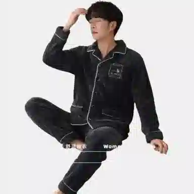 兰缪 保暖加厚舒适长袖长裤家居睡衣套装 男款 深灰色