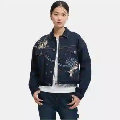 鬼洗 泥棒蓝同心喜鹊绣花情侣牛仔外套 女款 蓝