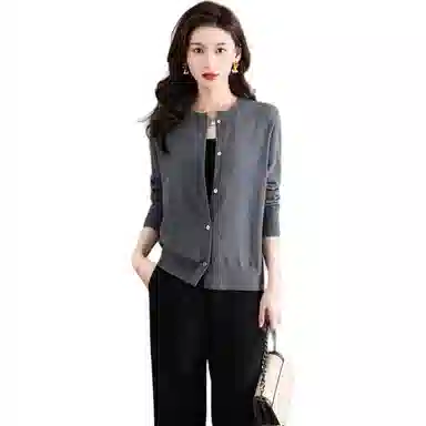 恒源祥 圆领时尚开衫通勤百搭纯色长袖针织衫 女款