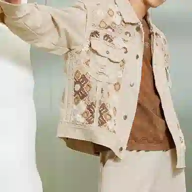 中国李宁 都市游牧 花卉双口袋单排扣牛仔外套 男款 燕麦灰