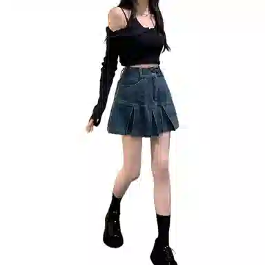 兰缪 大码高腰百褶计感半身裙女牛仔短裙 女款