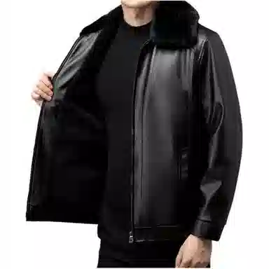 老爷车 冬季男加绒加厚可拆卸毛领中老年爸爸装夹克保暖外套皮衣 男款