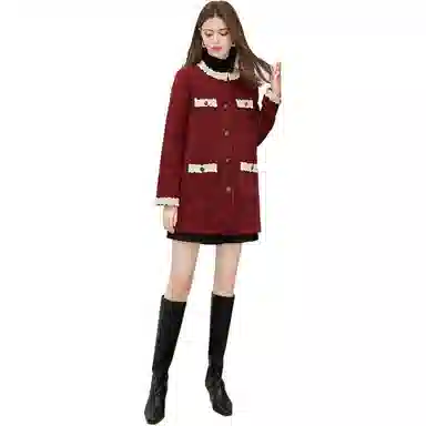 她池 圆领单排扣中长款蕾丝拼接夹克外套 女 红色