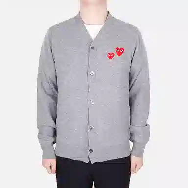 CDG Play Double Heart Logo Wool Cardigan Gray