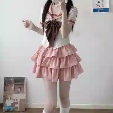 御茶家 小巧莓原创学院风水手服初恋感海军领短款收腰显瘦截短上衣蓬蓬蛋糕裙半身裙裙装套装 女款