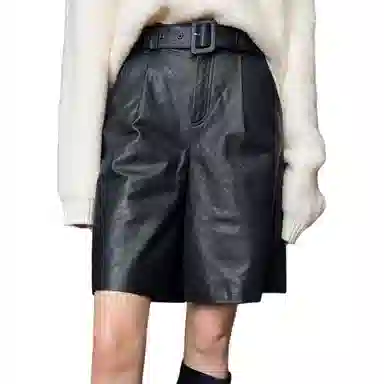 美洋 纯色高腰五分阔腿休闲短裤 女款 黑色