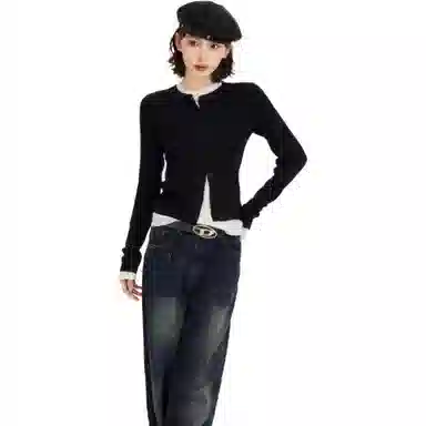 柏黛妃 撞色圆领长袖休闲直筒针织衫 女款