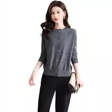 恒源祥 圆领时尚开衫通勤百搭纯色长袖针织衫 女款