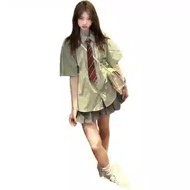 木清清 港风条纹短袖衬衫百褶裙日系学院风小个子裙装套装 女款