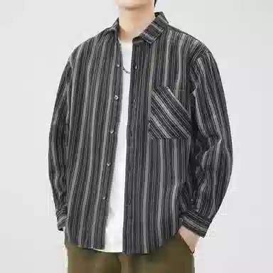 赞仕 日系复古竖纹工装宽松休闲长袖衬衫 男款 黑白条纹