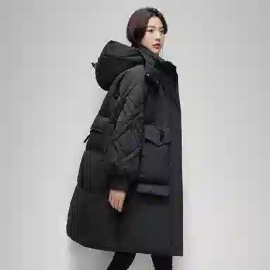 鸭鸭 纯色口袋连帽宽松中长款羽绒服 女款