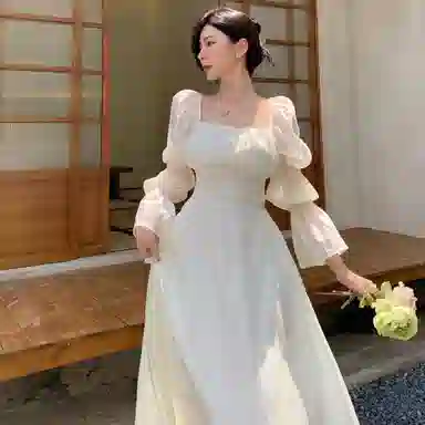 棉购 法式甜辣绑带纯色泡泡袖方领通勤高腰长袖连衣裙 女款