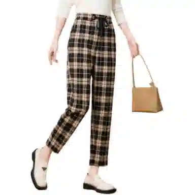 粉红玛琍 简约高腰系带休闲裤 女款 黑格