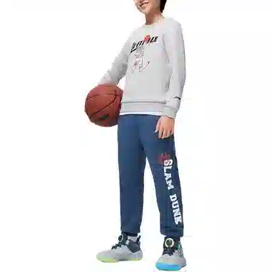 李宁儿童 加绒字母图案印花抓绒束脚针织运动裤 儿童款 浊普蓝