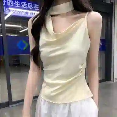 缪斯的诱惑 设计感斜肩荡领挂脖飘带女夏季气质时尚修身短款上衣吊带 女款
