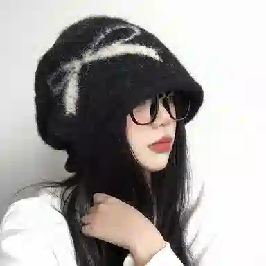 【版型好~秋冬必备】 攸委 蝴蝶结黑色堆堆帽女冬季保暖加厚时尚百搭 涤纶 复古大头围显脸小针织冷帽护耳帽包头帽子 男女同款情侣款
