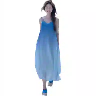 缪斯的诱惑 夏季法式海边度假风渐变时尚海浪裙潮无袖吊带连衣裙 女款 蓝色