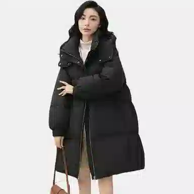 鸭鸭 纯色宽松连帽中长款羽绒服 女款 黑色