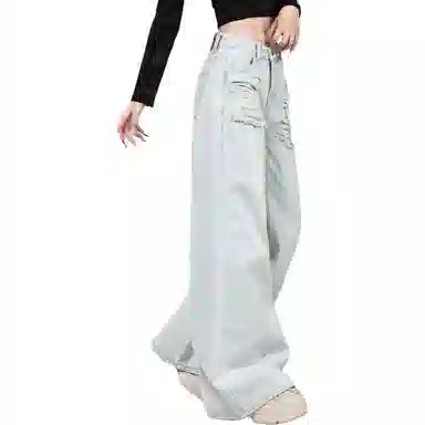 莫代尔 小个子低腰水洗磨破美式复古做旧直筒拖地牛仔裤 女款 浅蓝色