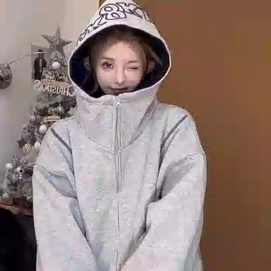 虫小绿 美式高街重磅半高领反缝线明线刺绣字母廓形休闲开衫卫衣百搭宽松情侣连帽外套夹克 男女同款
