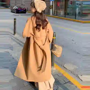 小镇姗姗 纯色系带长款毛呢大衣 女款