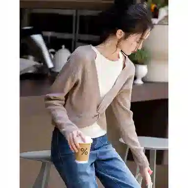 【dme】 假两件拼色落肩袖长袖针织衫 女款 蜜驼色