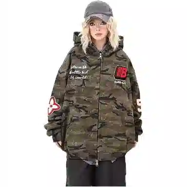 悍戈 美式复古学院风水洗迷彩刺绣重磅连帽开衫上衣卫衣 男女同款